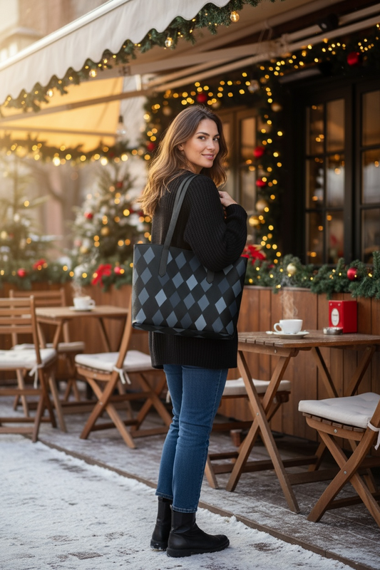 Midnight Argyle Vegan Leather Tote Bag