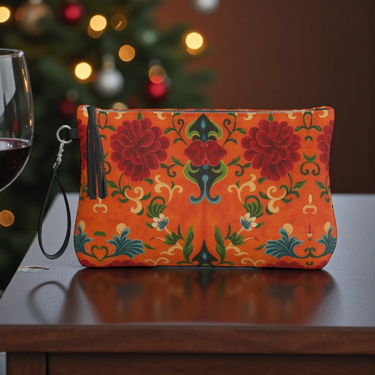 Imperial Peonies Tangerine Vegan Leather Makeup Bag