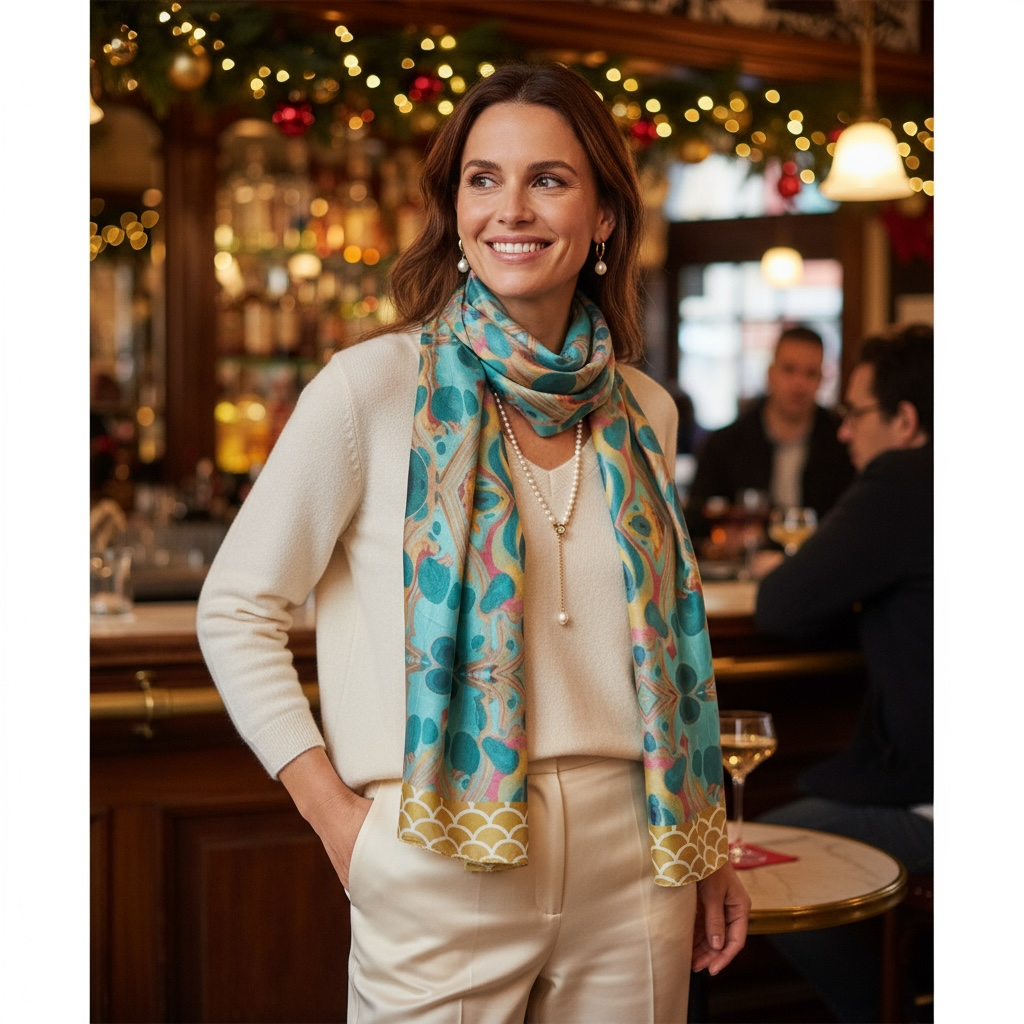 Gilded Currents Butterfly Long Silk Scarf