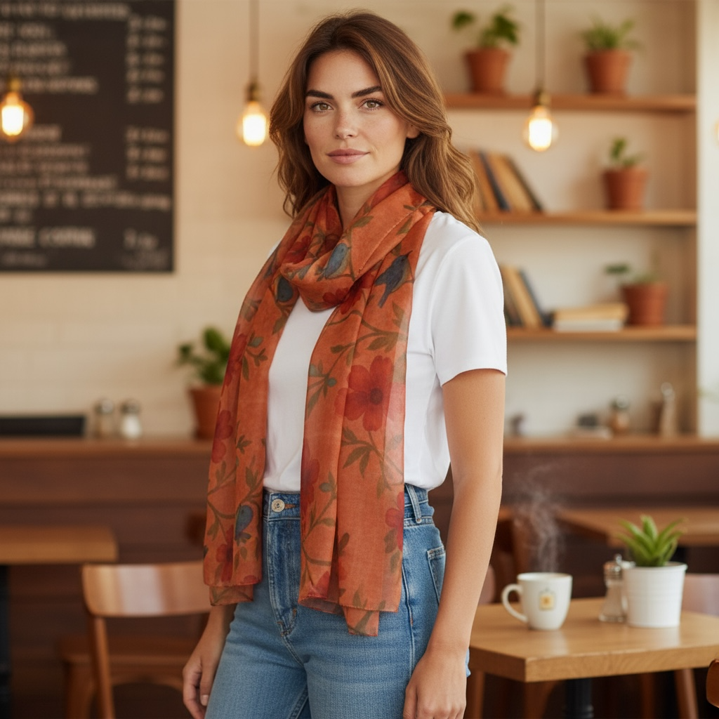 Songbird Bloom Terracotta Silk Long Scarf