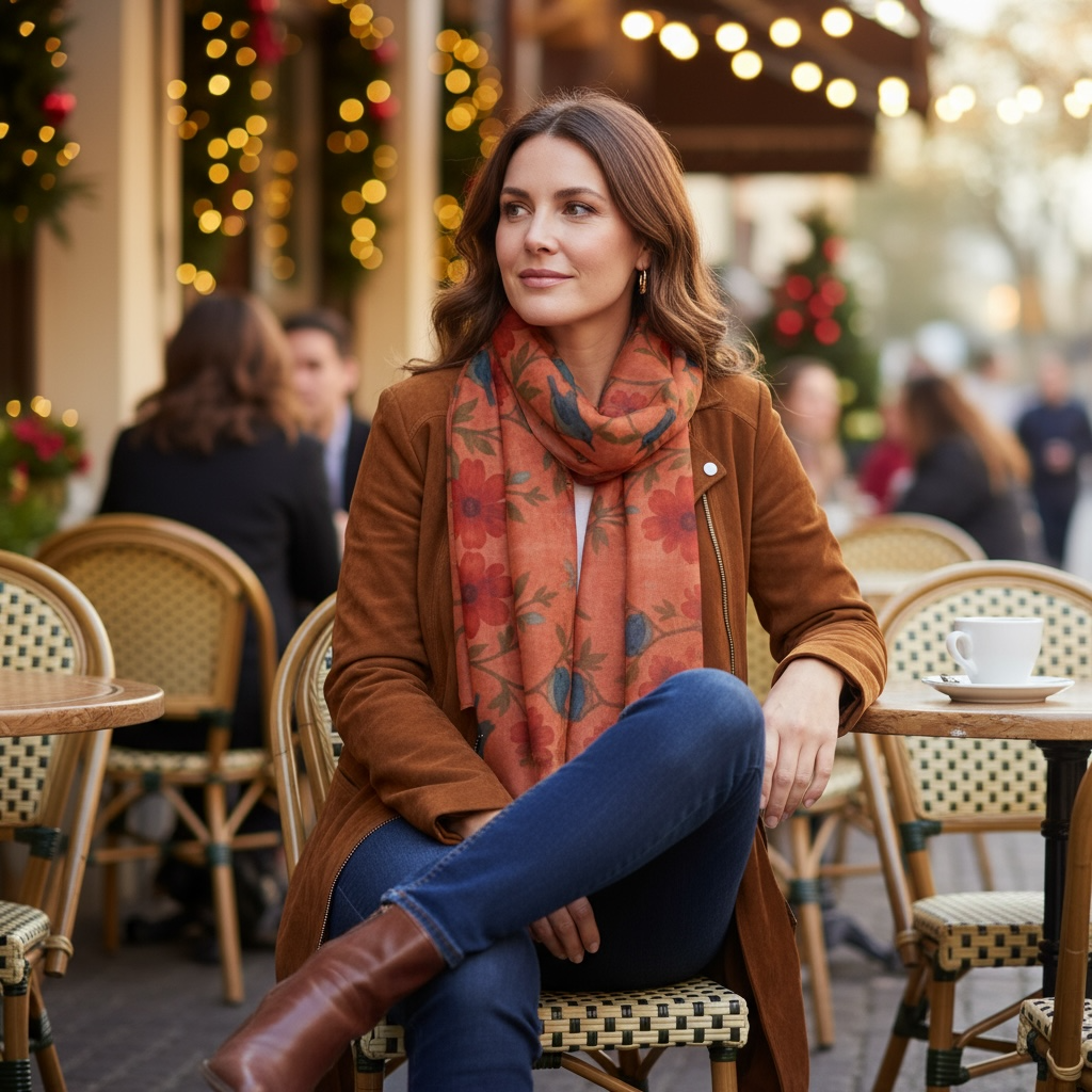 Songbird Bloom Terracotta Silk Long Scarf