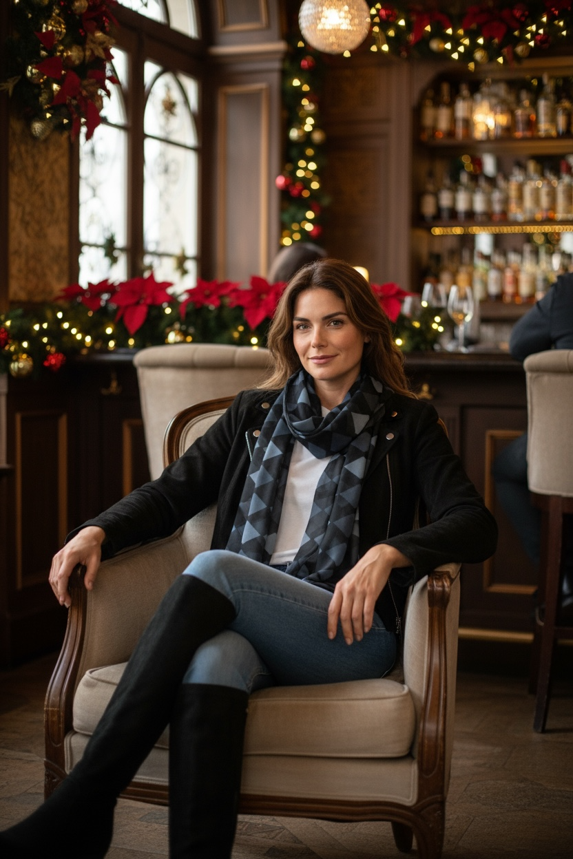 Midnight Argyle Silk Long Scarf