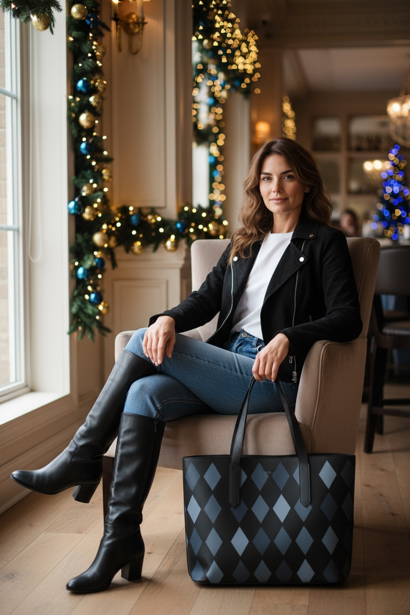 Midnight Argyle Vegan Leather Tote Bag