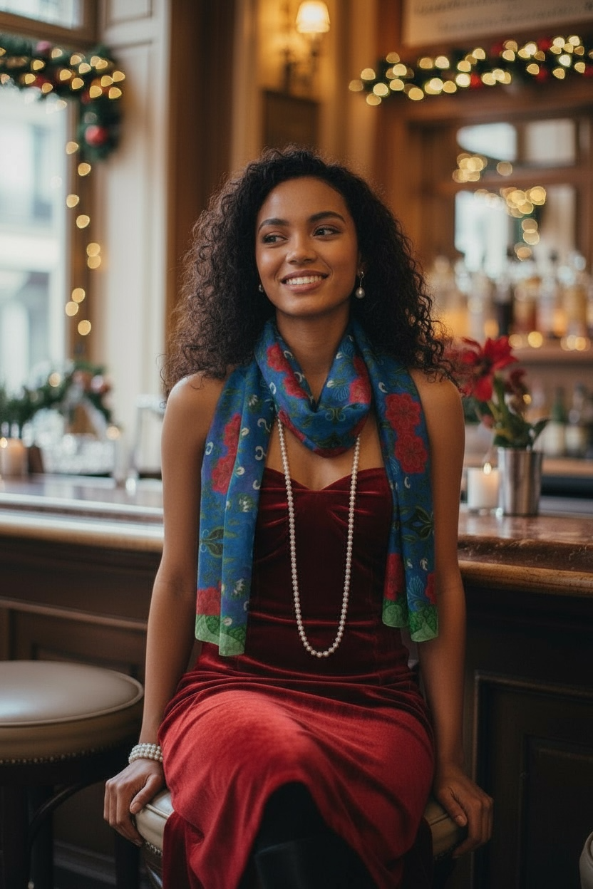 Imperial Peonies Sapphire Silk Long Scarf