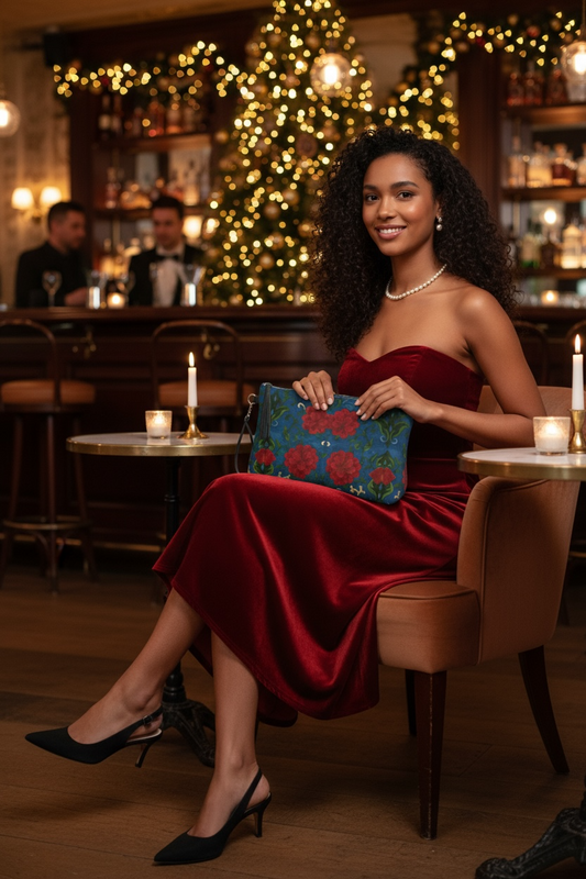 Marquesa Peonies Sapphire Vegan Leather Clutch Wristlet