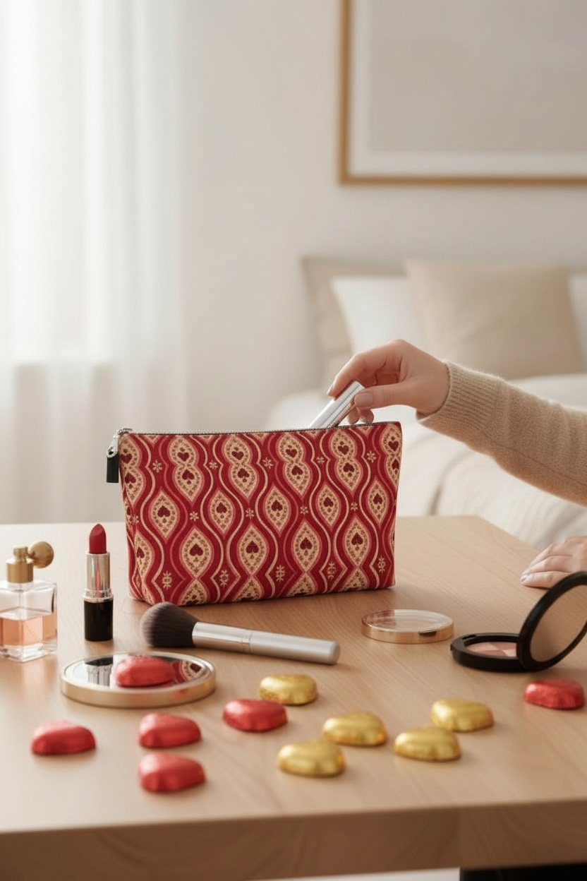 Red Hearts Ikat Makeup Bag