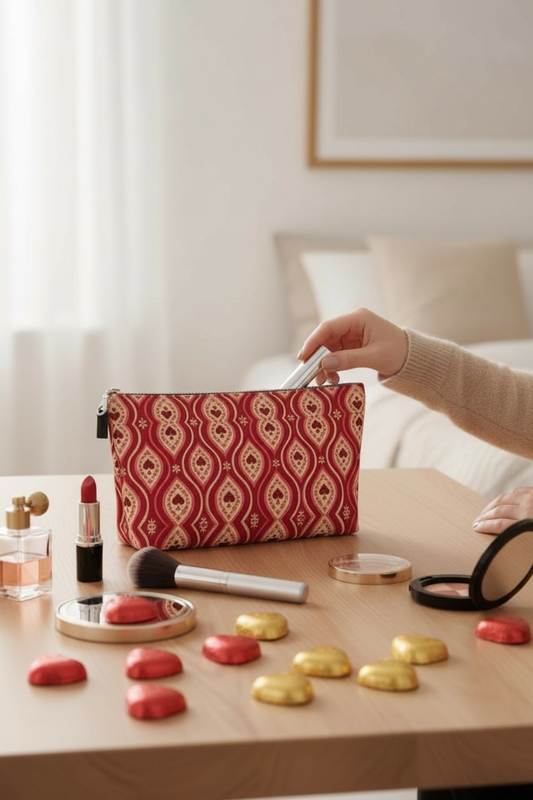 Red Hearts Ikat Makeup Bag