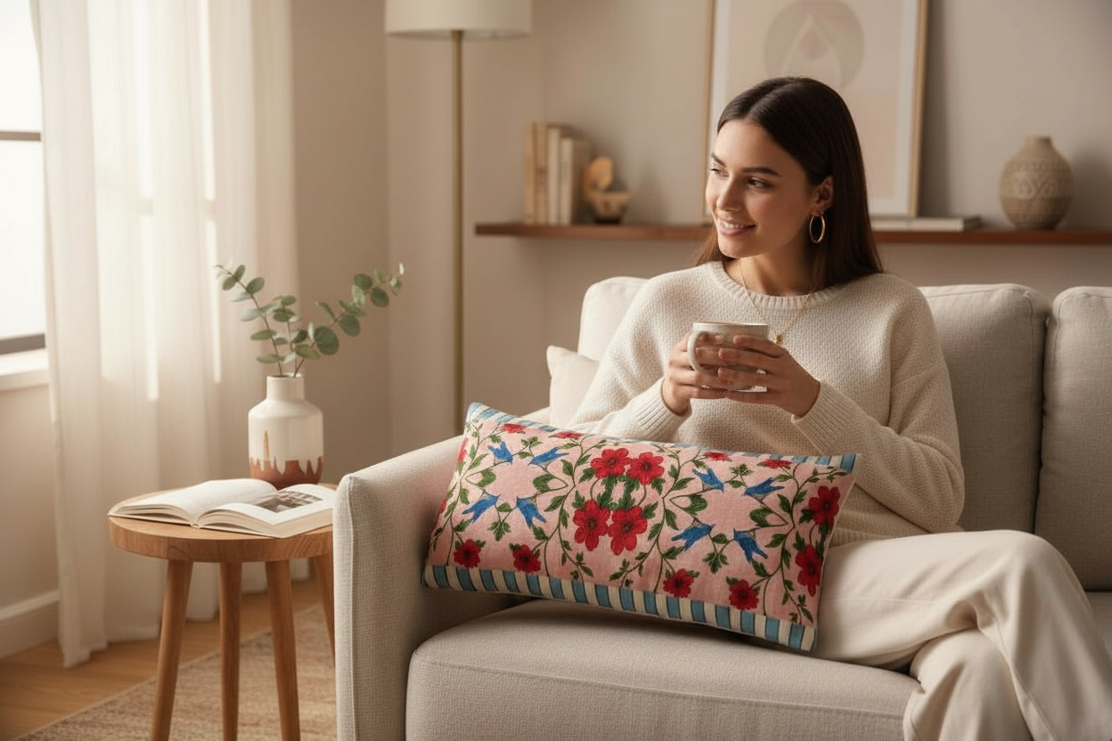 Songbird Bloom Pink Striped Blue 24 x 12 Pillow Cover