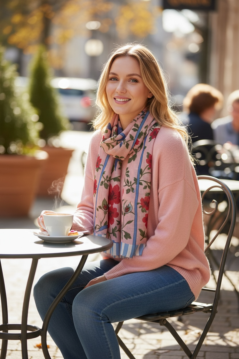 Songbird Bloom Pink - Blue Striped Border Silk Long Scarf
