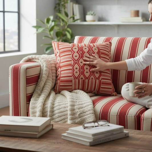Red Hearts Ikat Striped 22 x 22 Pillow Cover