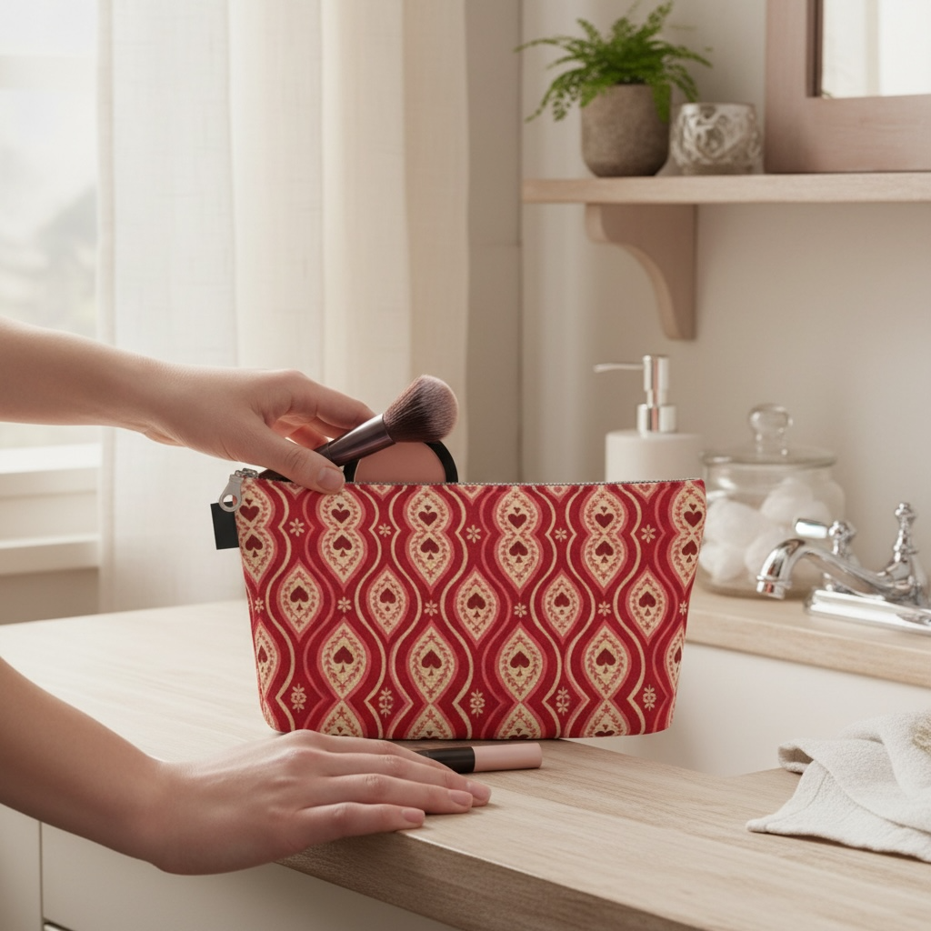 Red Hearts Ikat Makeup Bag