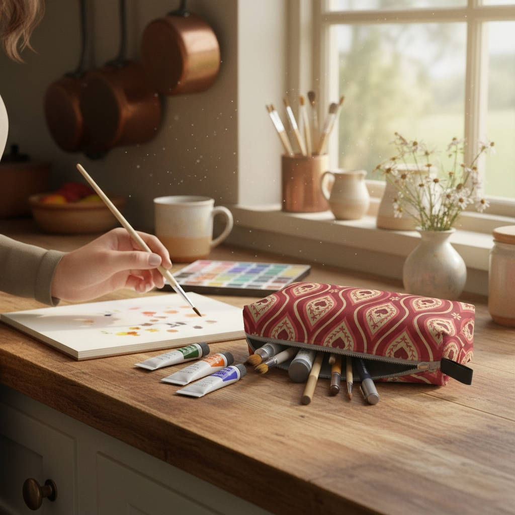 Red Hearts Ikat Pencil Case