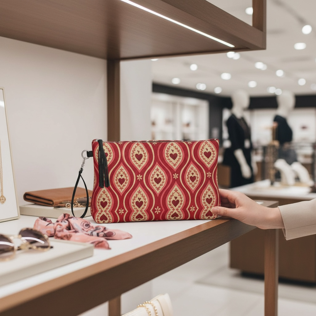 Red Hearts Ikat Vegan Leather Clutch Wristlet