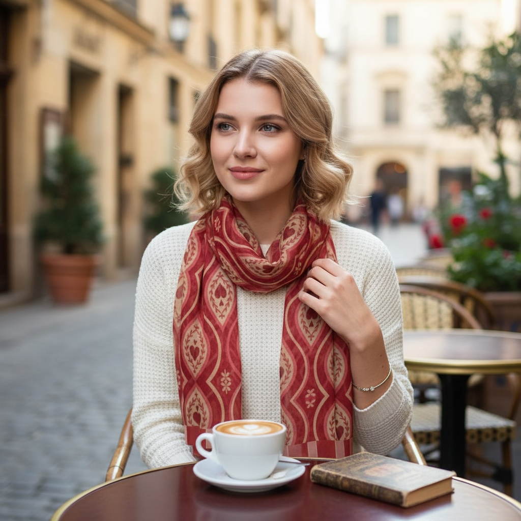Red Hearts Ikat Silk Long Scarf