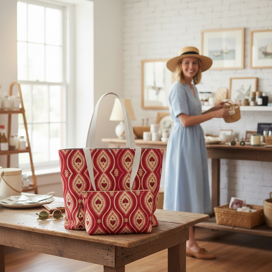 Red Heart Ikat Set: Canvas Tote & Makeup Bag