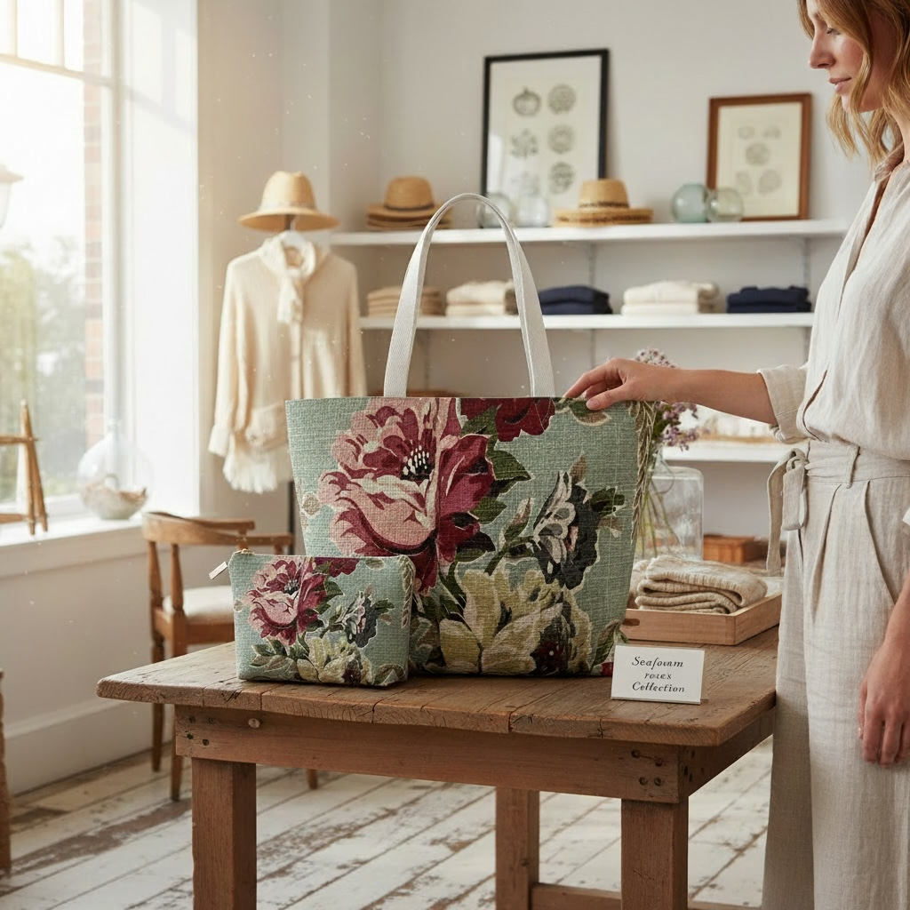 Sea Foam Roses Set: Canvas Tote & Makeup Bag