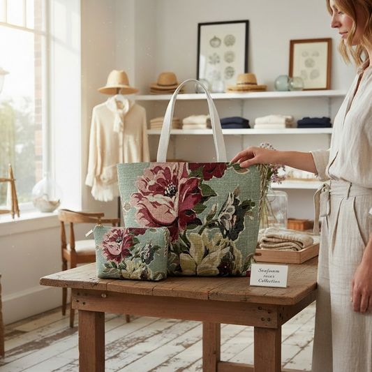 Sea Foam Roses Set: Canvas Tote & Makeup Bag