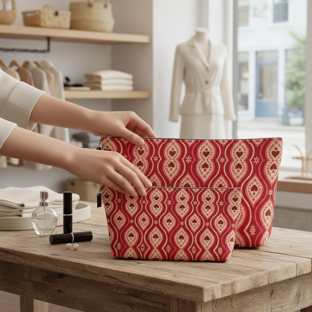 Red Hearts Ikat Makeup Bag