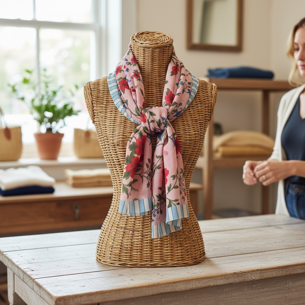 Songbird Bloom Pink - Blue Striped Border Silk Long Scarf