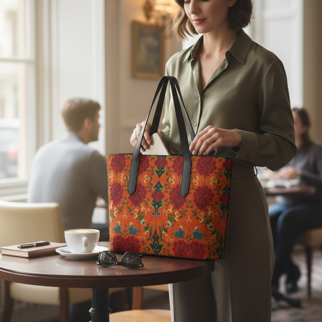 Marquesa Peonies Tangerine Vegan Leather Tote Bag