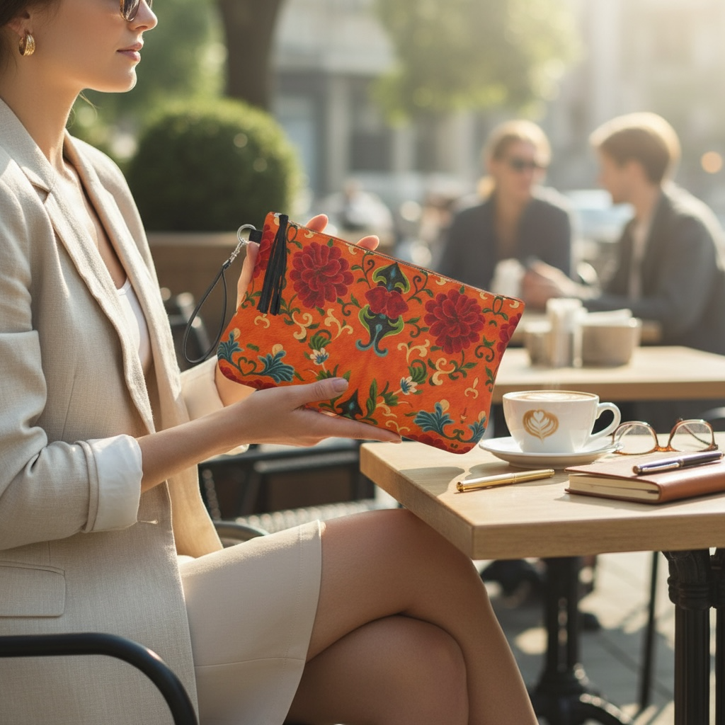 Marquesa Floral Tangerine Vegan Leather Clutch Wristlet