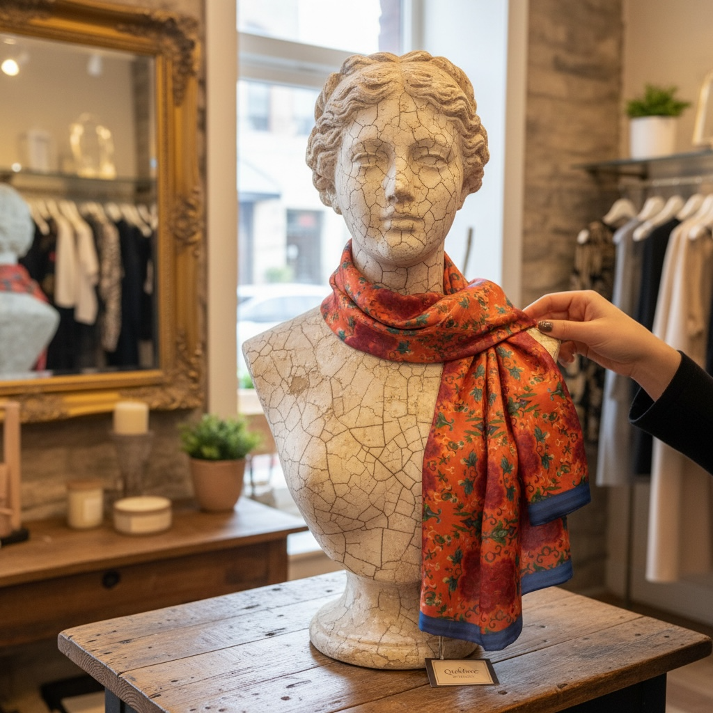 Marquesa Peonies Tangerine Royal Blue Border Silk Long Scarf