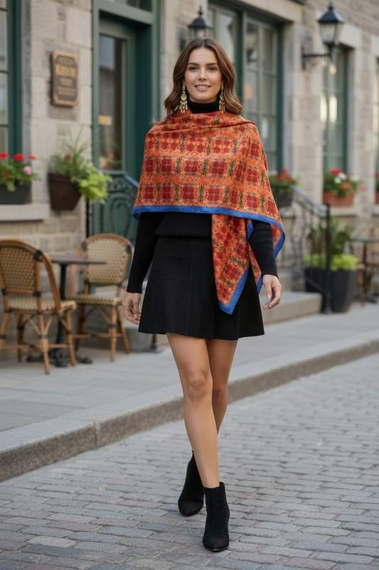 Marquesa Peonies Tangerine Royal Blue Border Silk Long Scarf