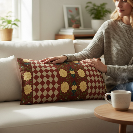 Marquesa Peonies Cranberry Harlequin 24 x 12 Pillow Cover