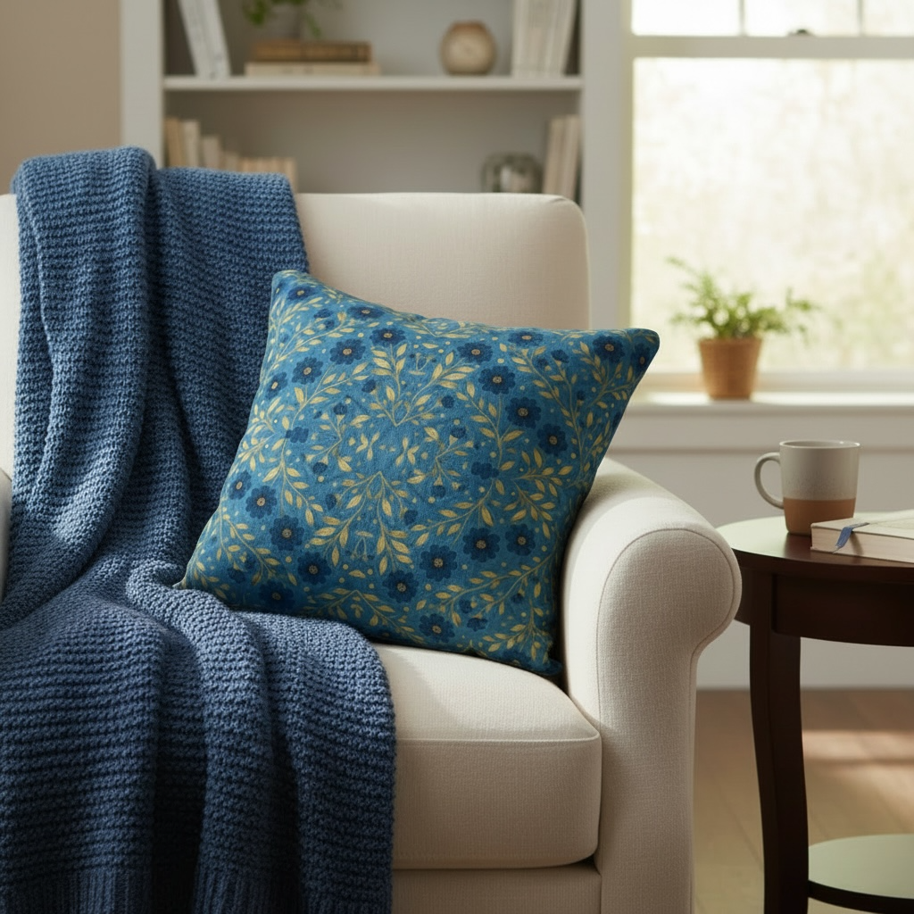 Indigo Meadow Floral Diamond 22 x 22 Pillow Cover