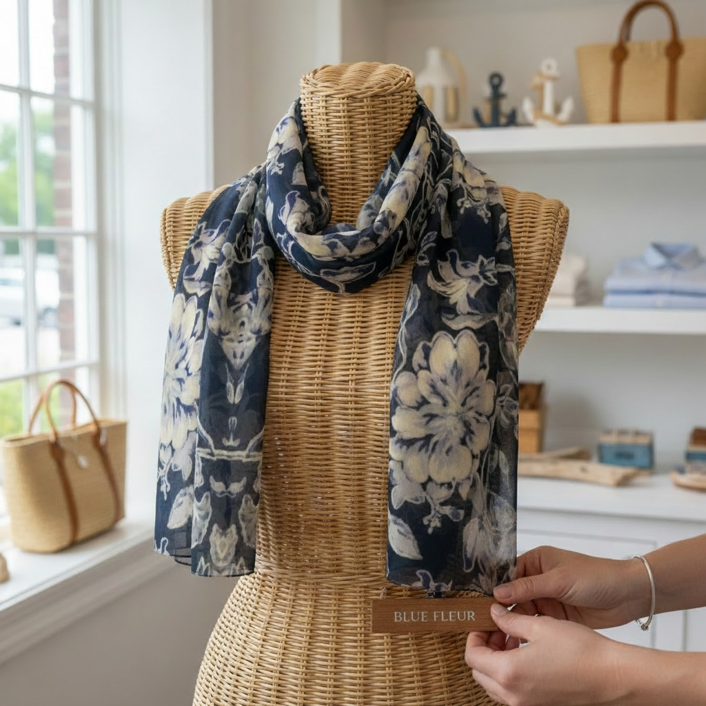 Blue Fleur Damask Silk Long Scarf