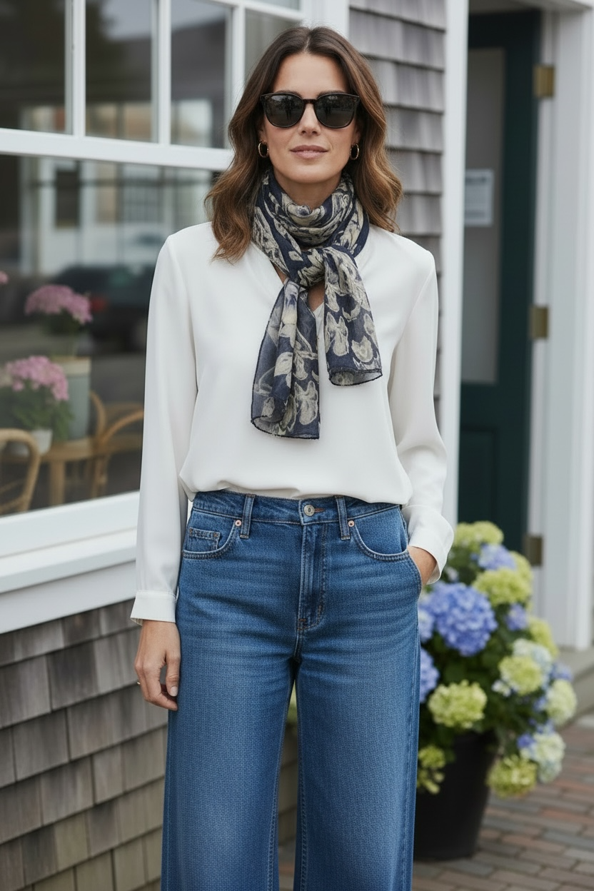 Blue Fleur Damask Silk Long Scarf