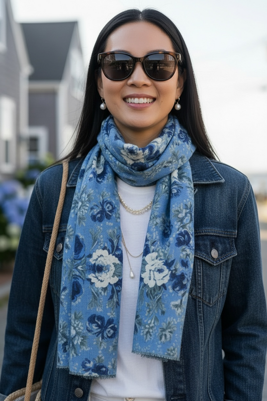 Blue Manor Blooms Long Silk Scarf