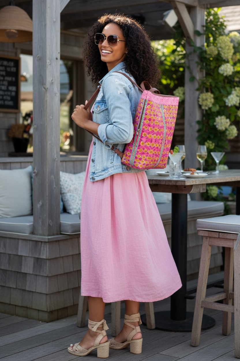 Pink Botanique with Border Vegan Leather Backpack