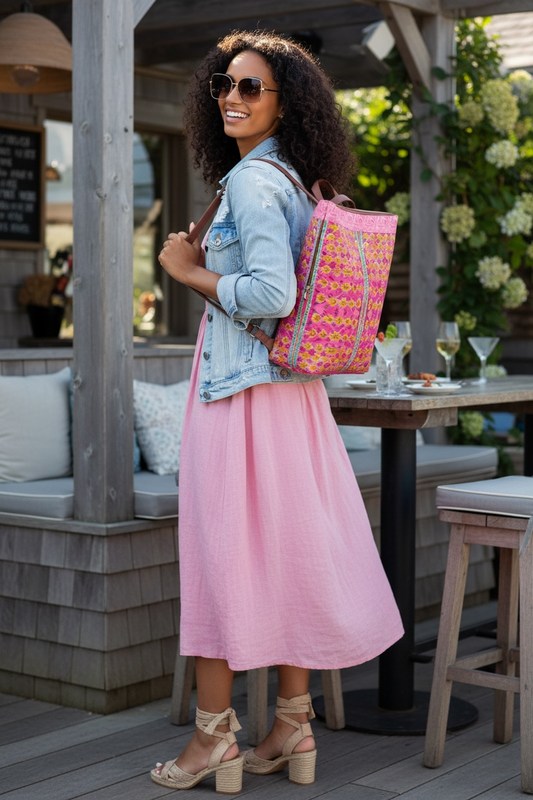 Pink Botanique with Border Vegan Leather Backpack