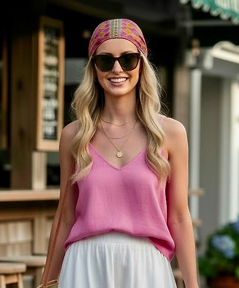 Pink Botanique with Border Silk Square Scarf