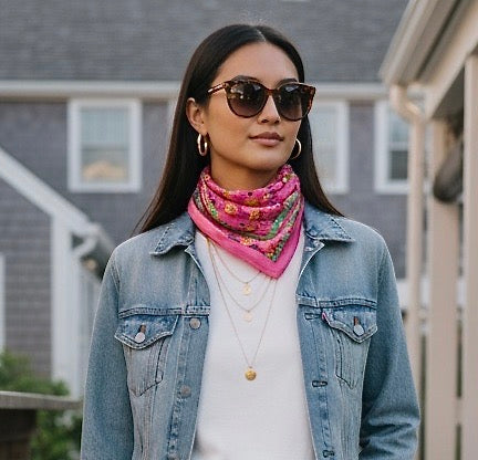 Pink Botanique with Border Silk Square Scarf
