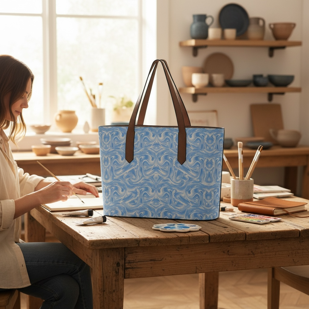 Blue Sky Swirl Vegan Leather Tote Bag