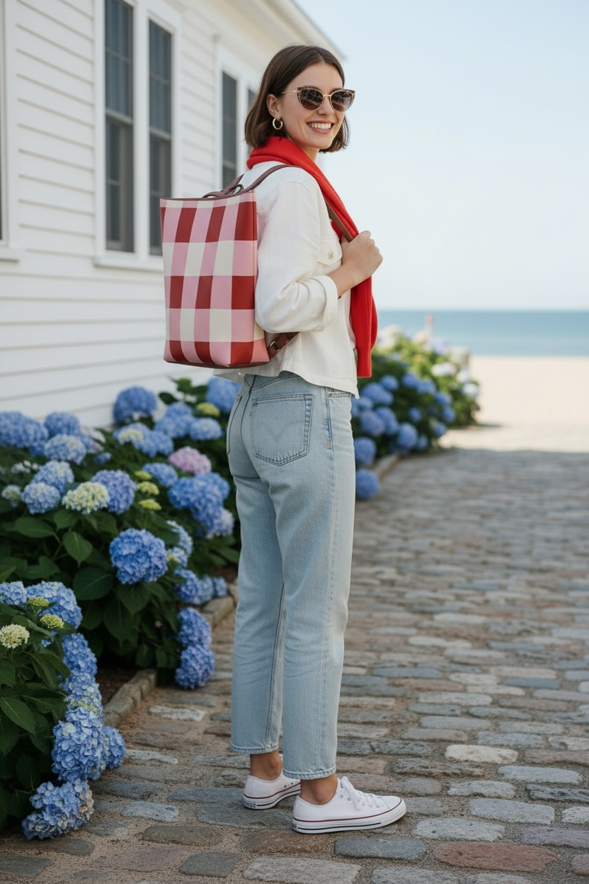Red Gingham Vegan Leather Backpack
