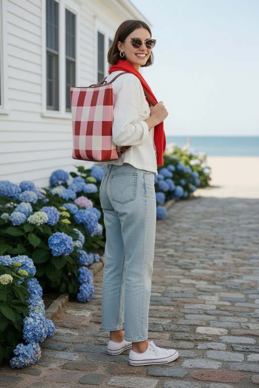 Red Gingham Vegan Leather Backpack
