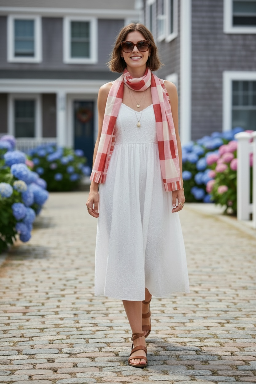 Red Gingham Silk Long Scarf