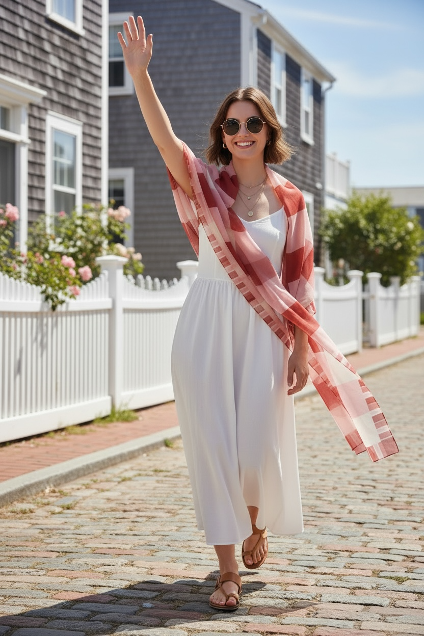 Red Gingham Silk Long Scarf