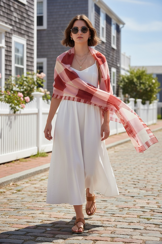 Red Gingham Silk Long Scarf