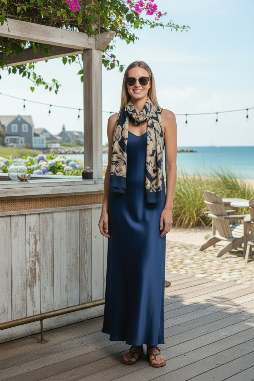 Blue Fleur Damask Silk Long Scarf