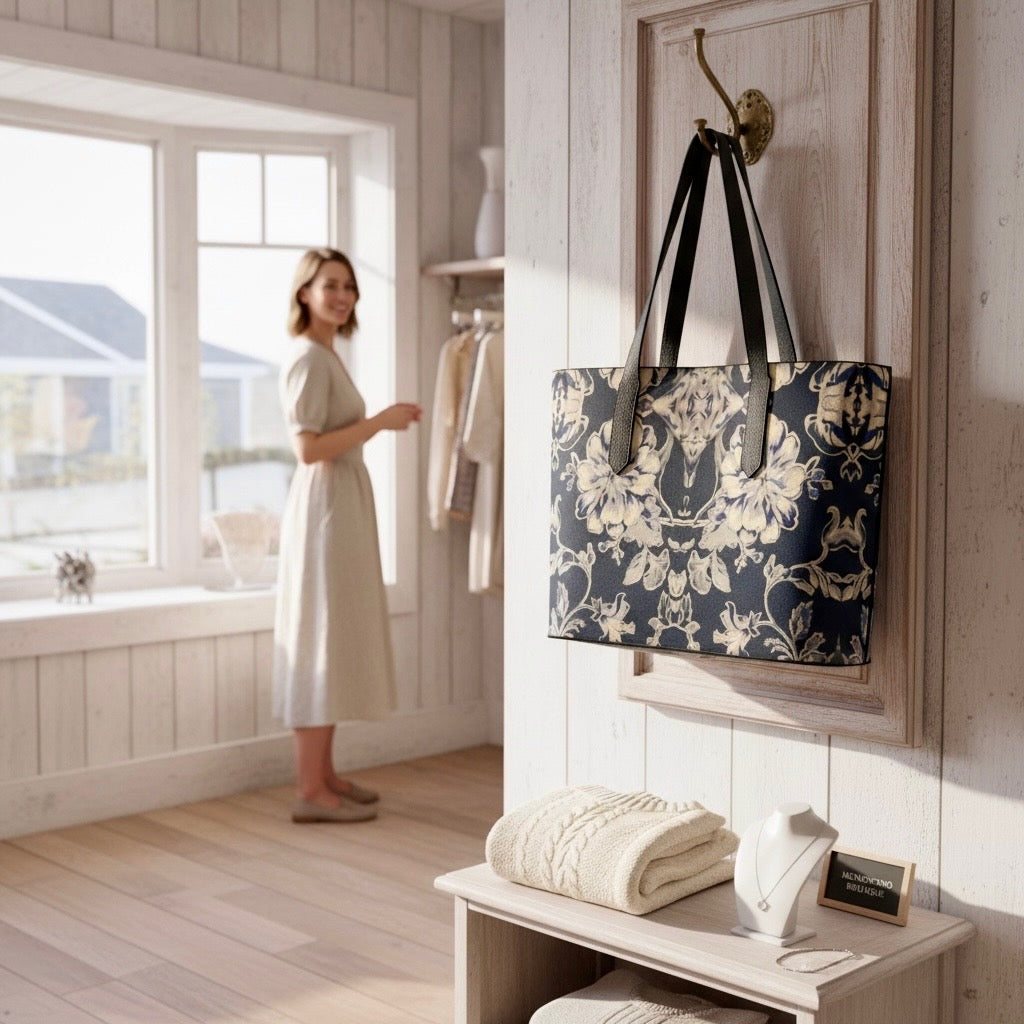 Blue Fleur Vegan Leather Tote Bag