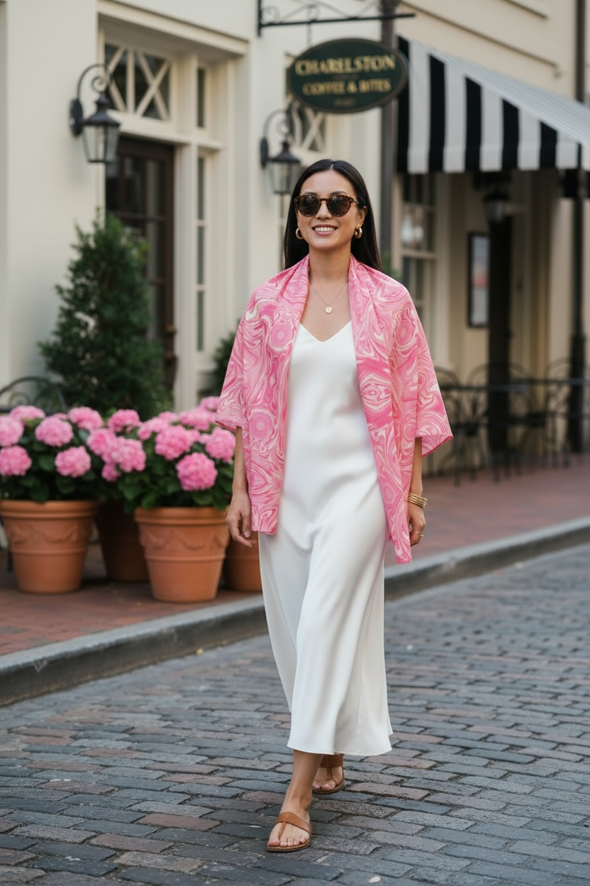 Pink Swirl with Border Silk Square Scarf