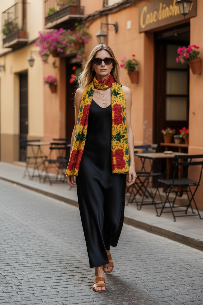 Marquesa Floral Golden Silk Long Scarf
