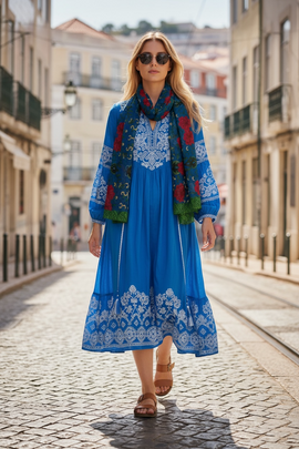 Marquesa Floral Sapphire Silk Long Scarf