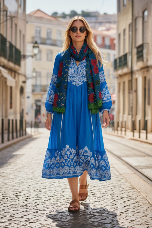Marquesa Floral Sapphire Silk Long Scarf