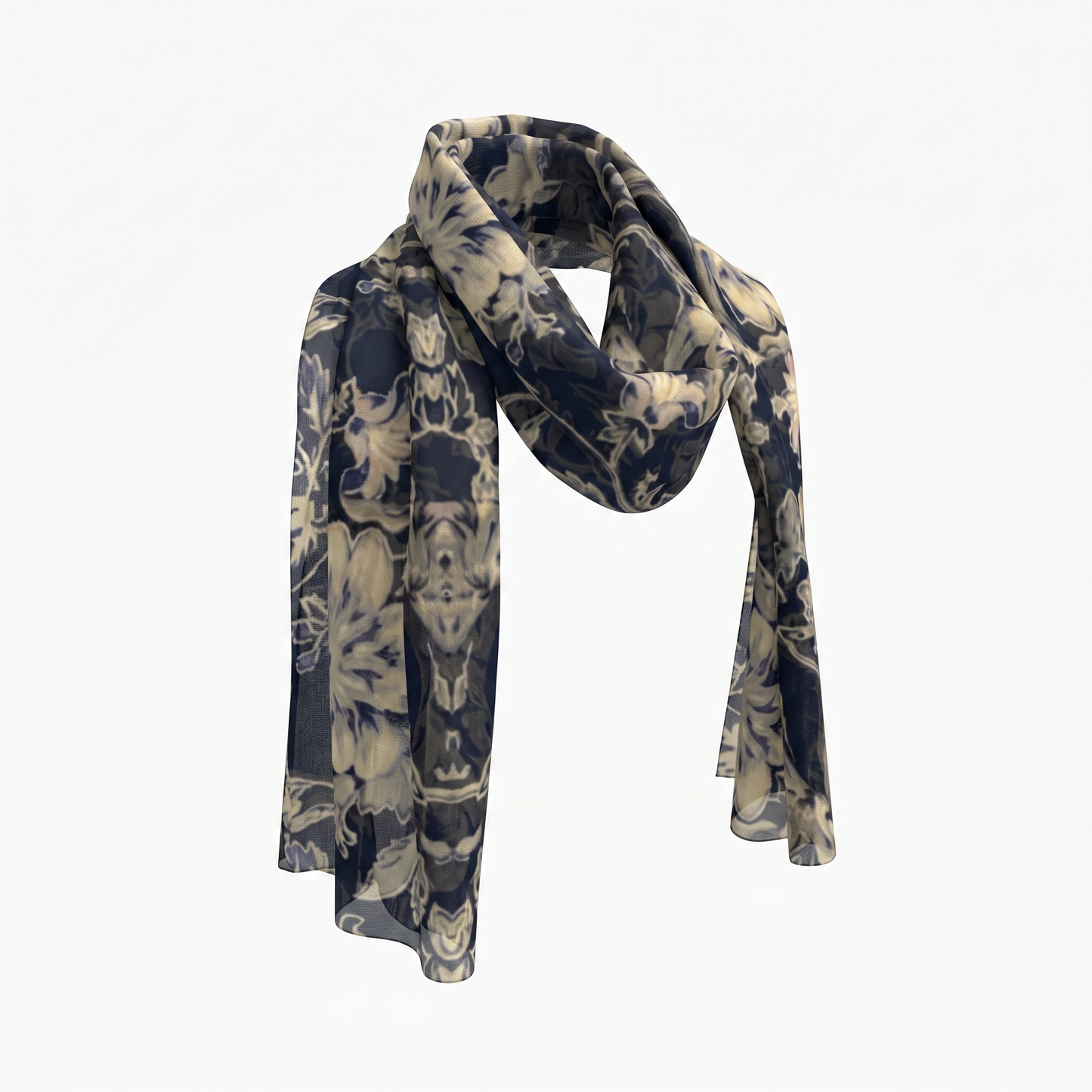 Blue Fleur Damask Silk Long Scarf