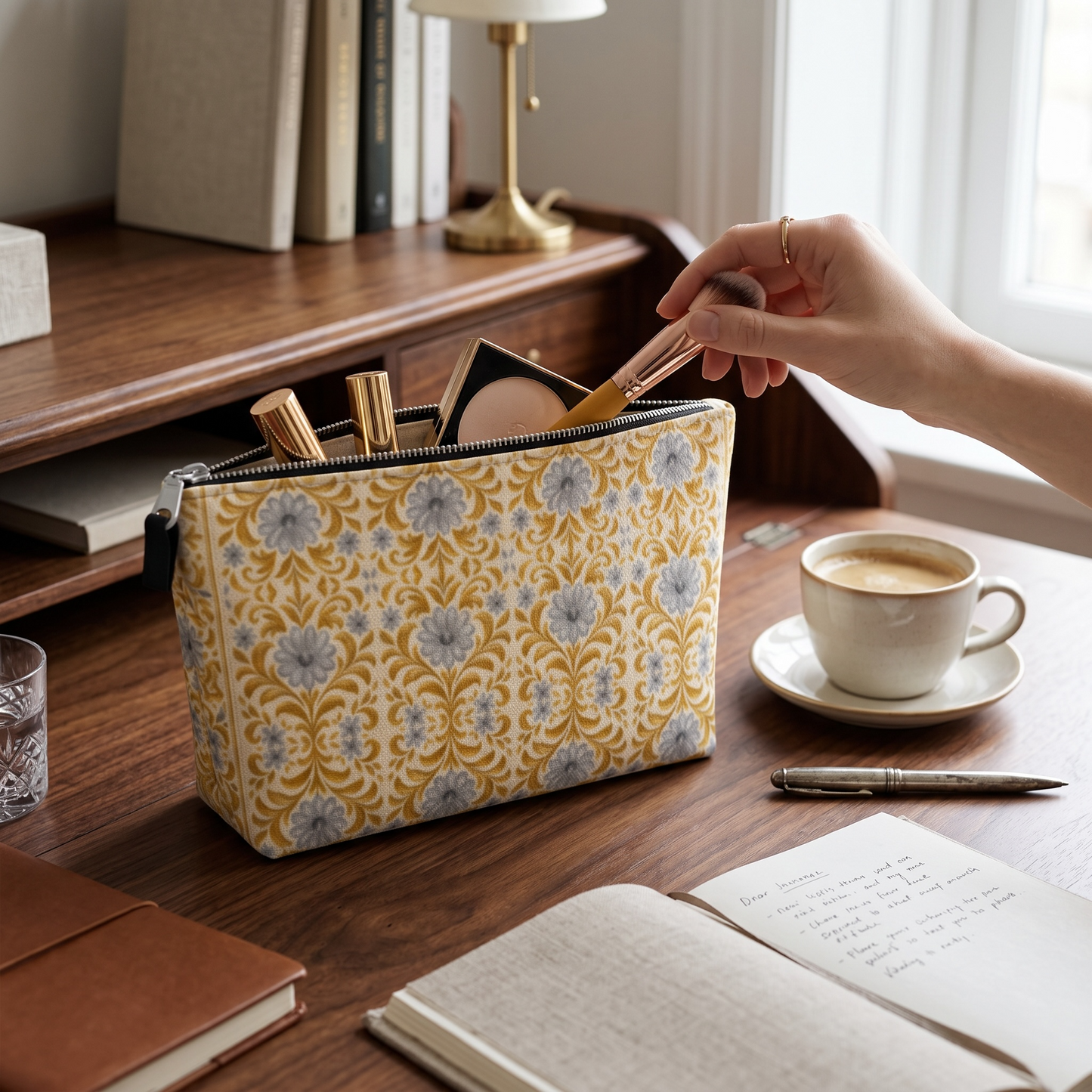 Gilded Garden Damask makeup bag